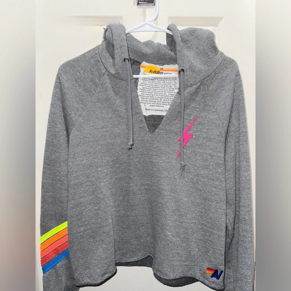 Aviator Nation Gray Cowl Neck Sweater with Rainbow Accents - Picture 2 of 3